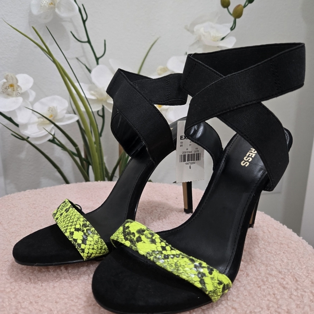 Express Black and Neon Yellow Snake Print Heels